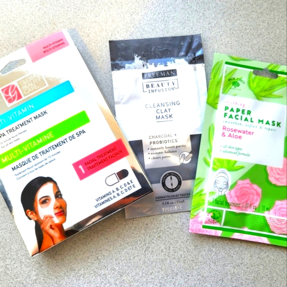 3 Kinds of Sheet Masks (3 Masks) Charcoal Probiotics Rosewater Aloe Multivitamin